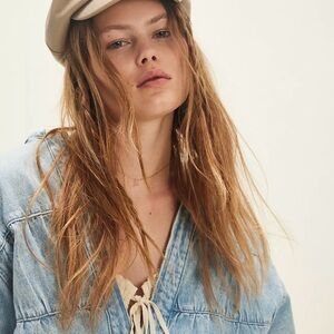 Free People Carrie Distressed Taupe Vegan Leather Lieutenant Hat NWT OS